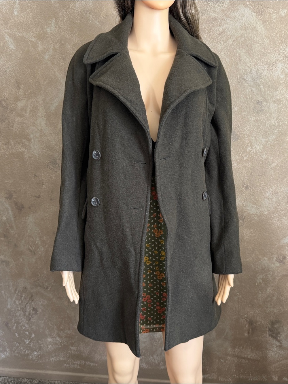 Wool Jacket Designer Vince Camuto Dark Olive Double-Breasted Pea Coat Sz S